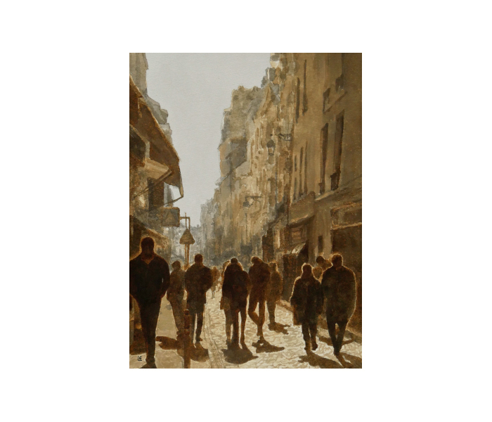<b>Promeneurs de la rue Mouffetard, Paris 5<sup>ème</sup><br><b>Encre de Chine et encre à la gomme-laque sur papier aquarelle - 40x50cm